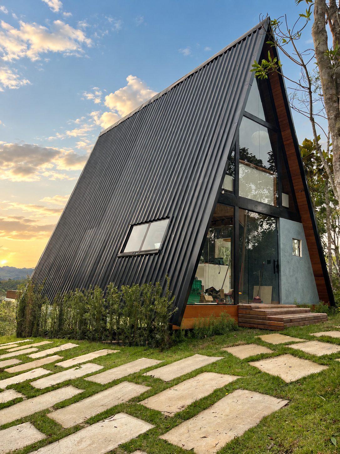 Cabana A-frame no fim de tarde