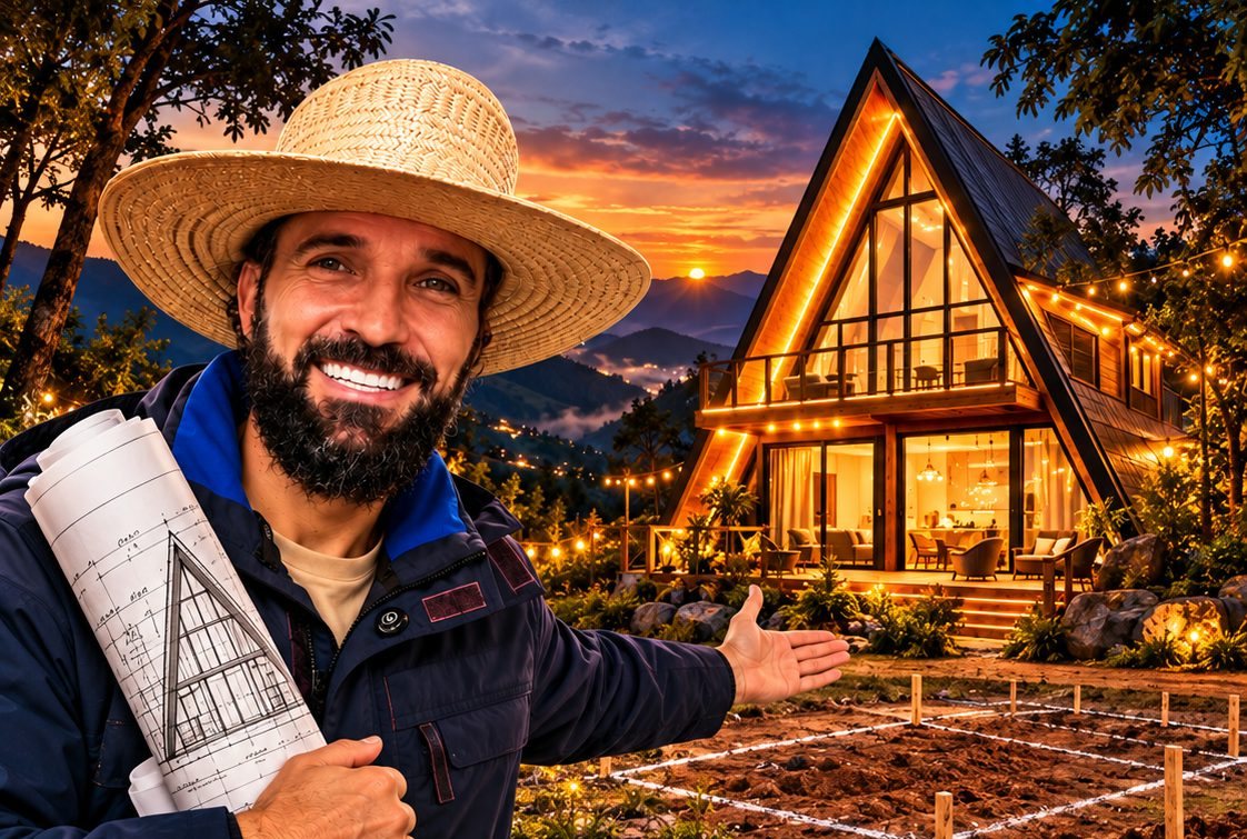 Marcelo Ramalho em frente a uma cabana de luxo